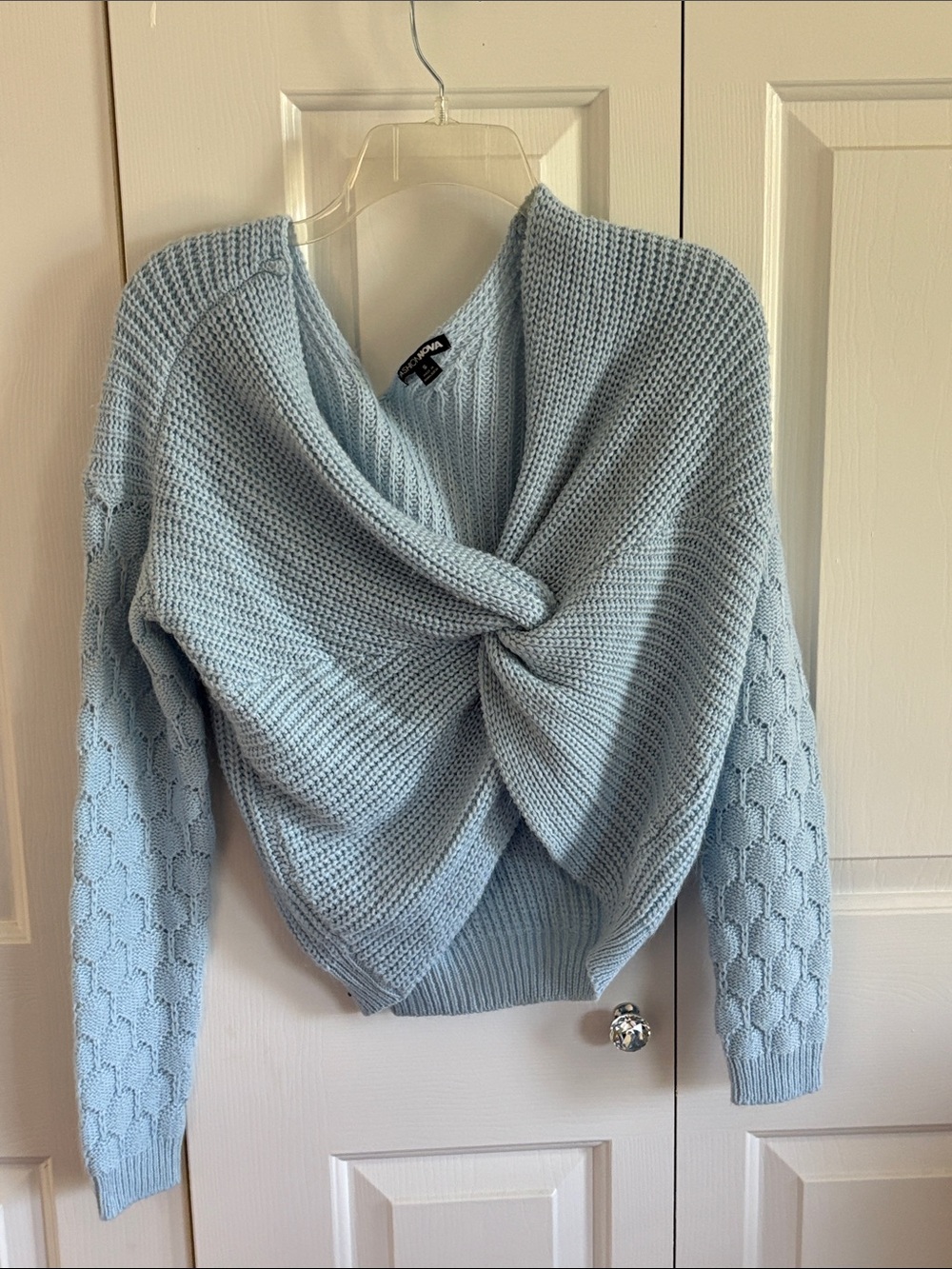 Ann Taylor Light Blue Off-the-Shoulder Twist Knit Sweater